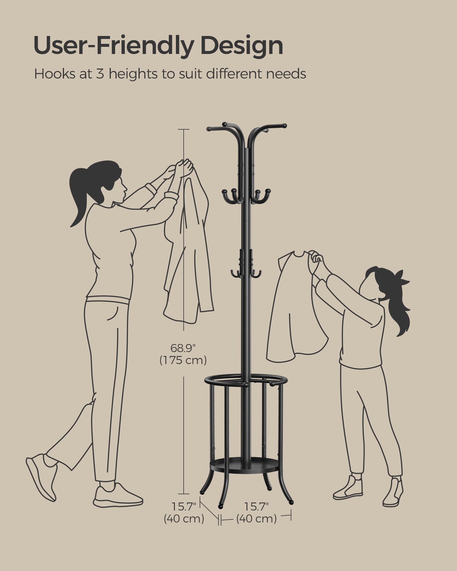 Freestanding Coat Rack – Metal – Ink Black – 12 Hooks with Umbrella Holder