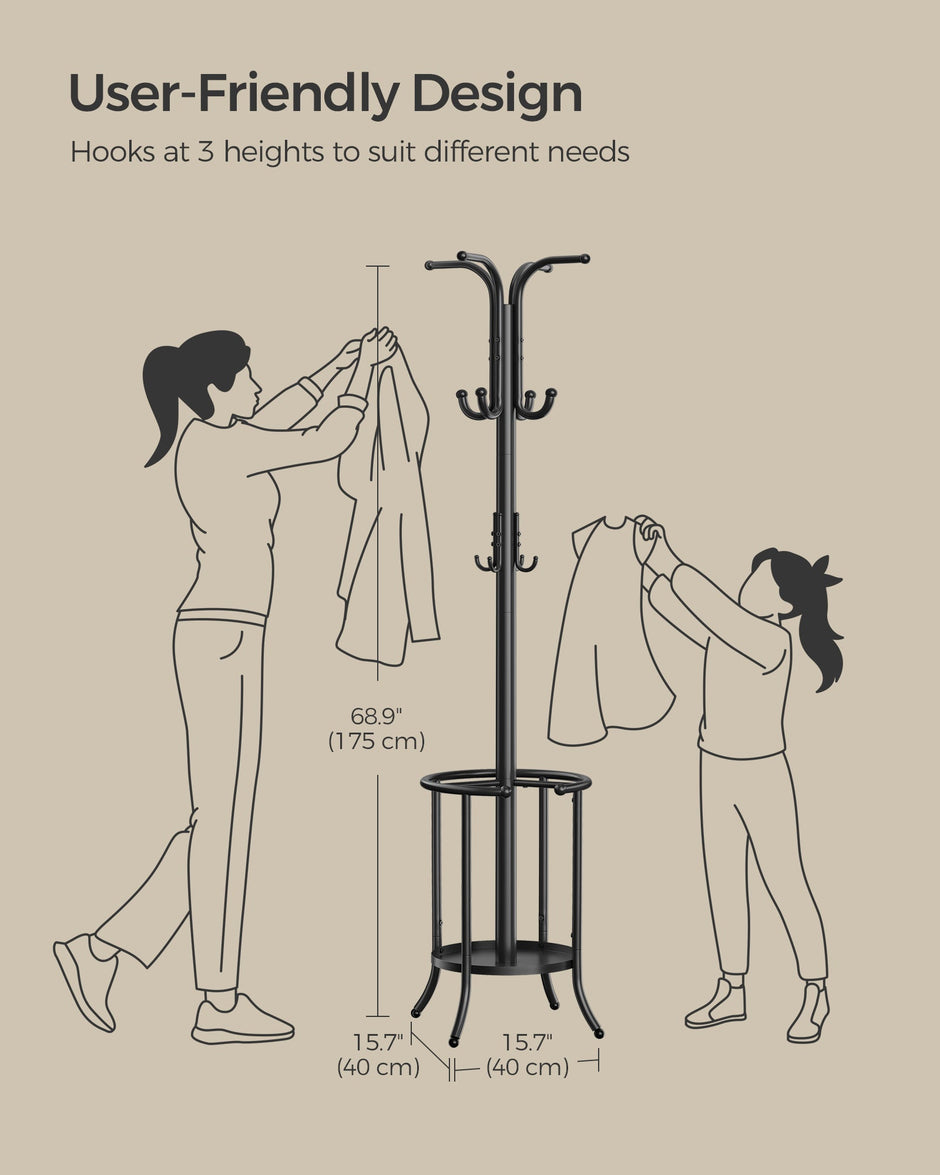 Freestanding Coat Rack – Metal – Ink Black – 12 Hooks with Umbrella Holder