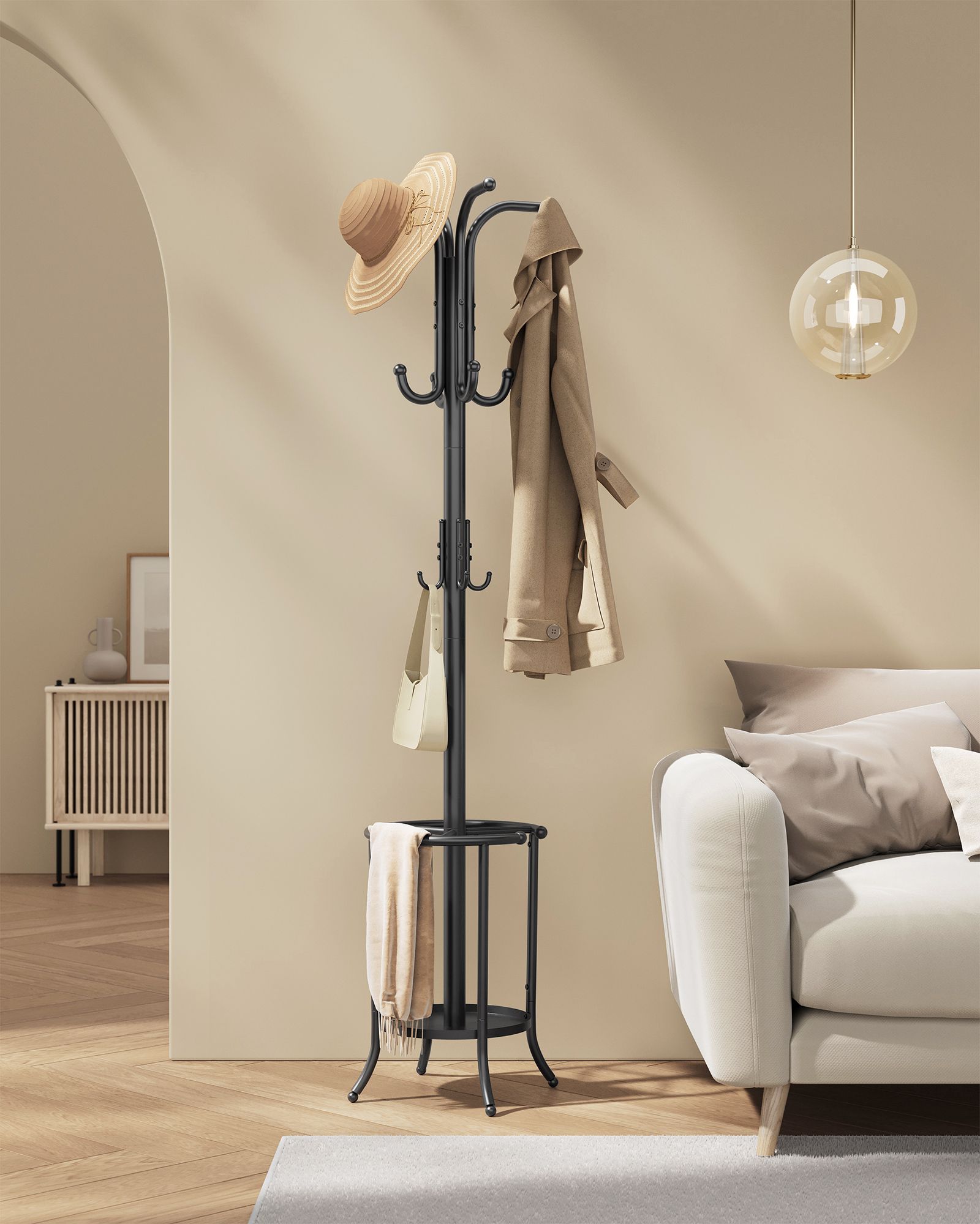 Freestanding Coat Rack – Metal – Ink Black – 12 Hooks with Umbrella Holder
