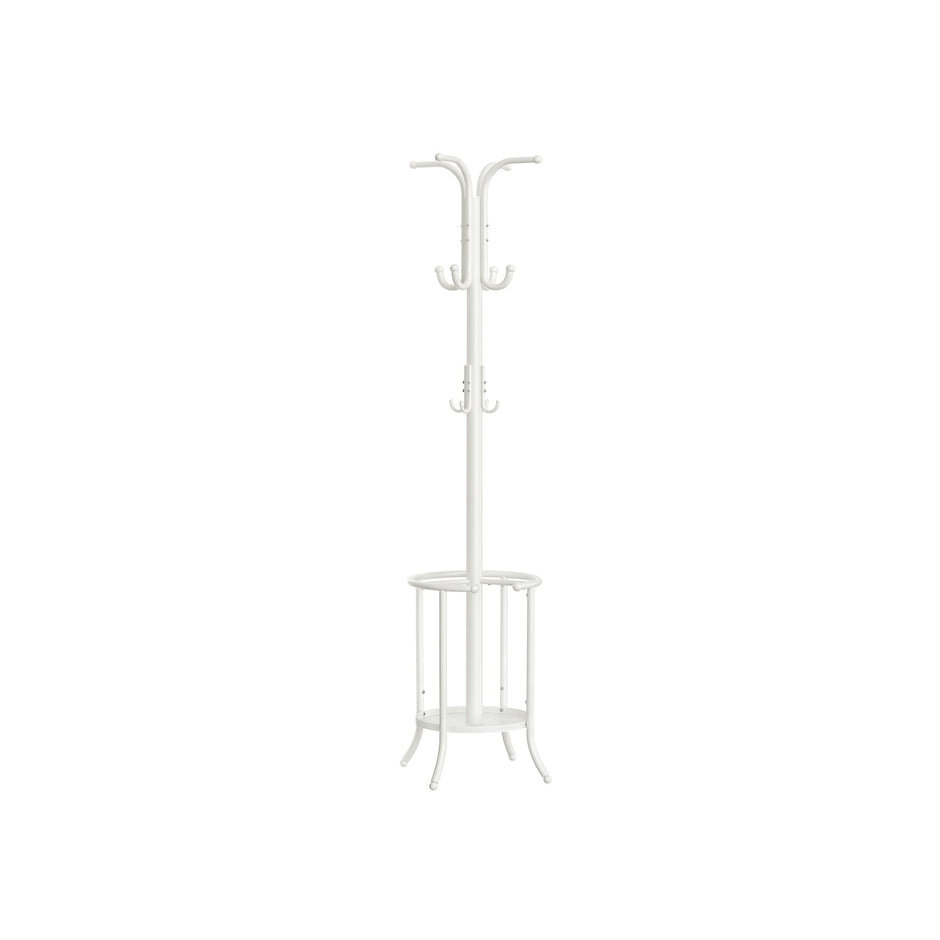Freestanding Coat Rack – Metal – Pearl White – 12 Hooks with Umbrella Holder