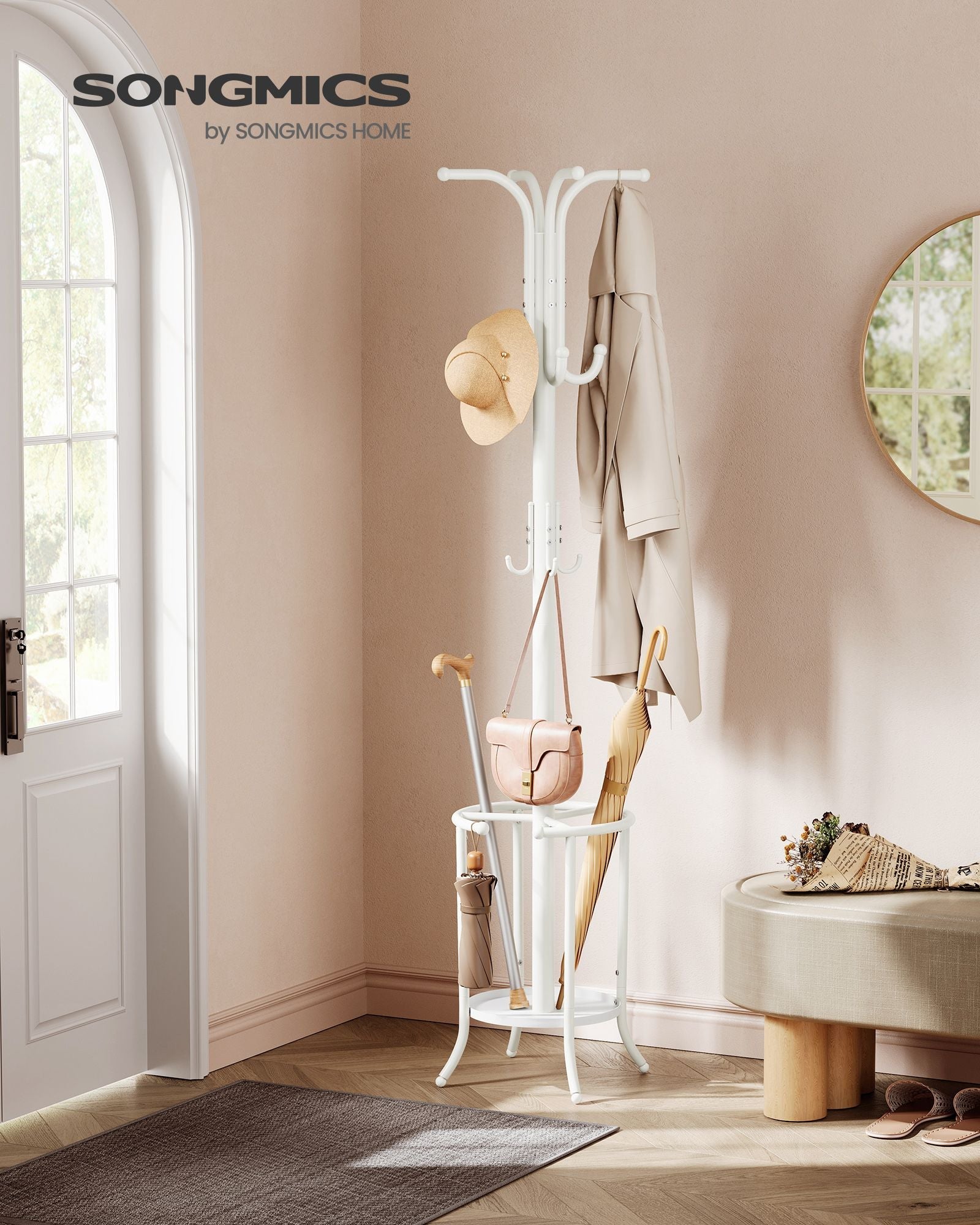 Freestanding Coat Rack – Metal – Pearl White – 12 Hooks with Umbrella Holder