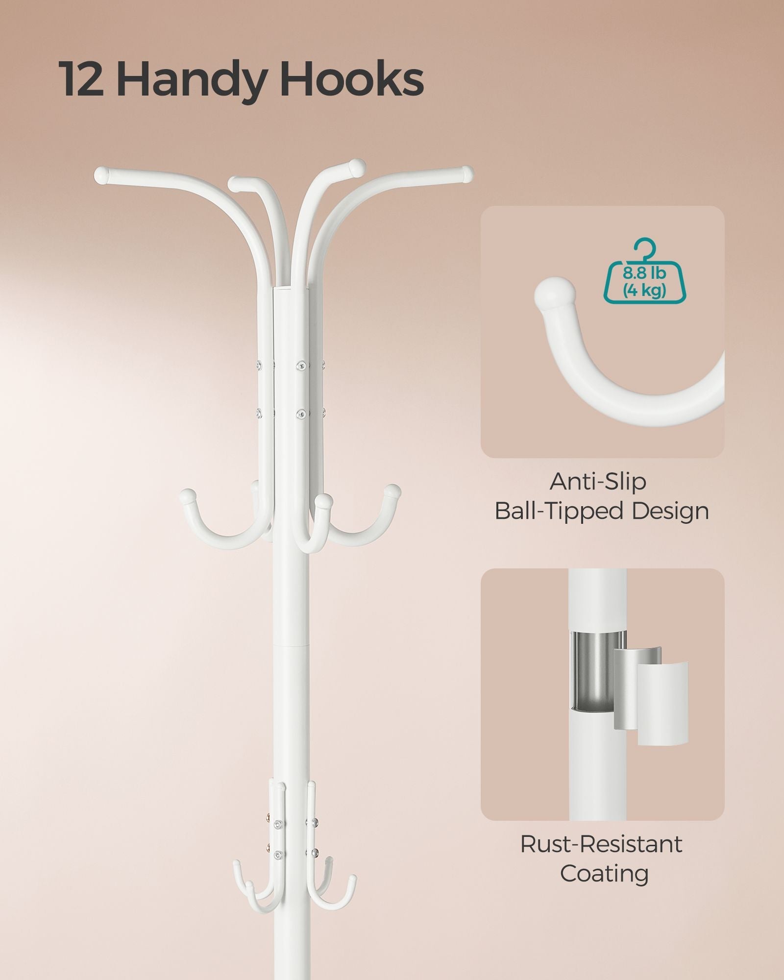 Freestanding Coat Rack – Metal – Pearl White – 12 Hooks with Umbrella Holder
