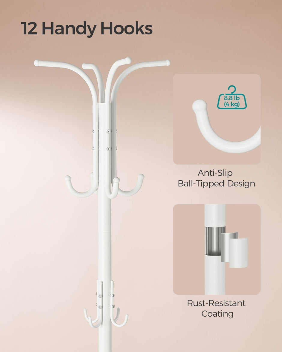 Freestanding Coat Rack – Metal – Pearl White – 12 Hooks with Umbrella Holder