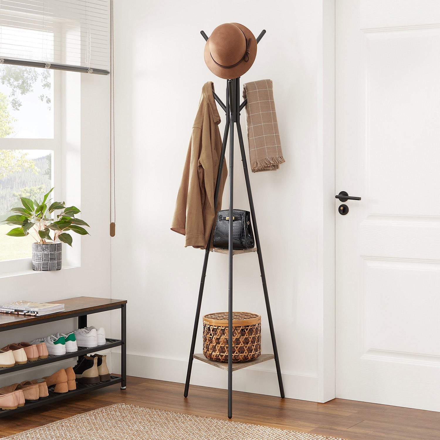 Free-Standing Coat Rack – Metal and Wood – Greige and Black – Industrial Style with 2 Shelves