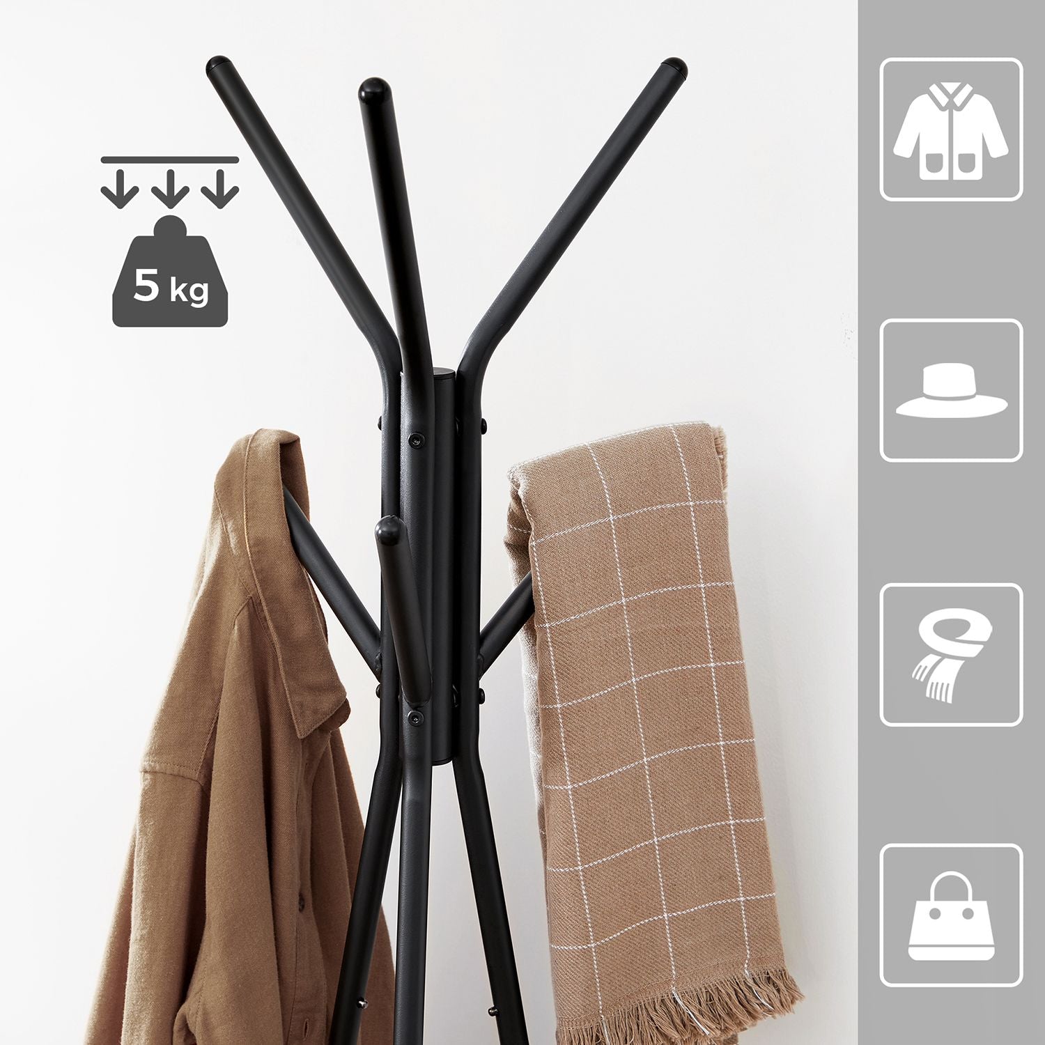 Free-Standing Coat Rack – Metal and Wood – Greige and Black – Industrial Style with 2 Shelves