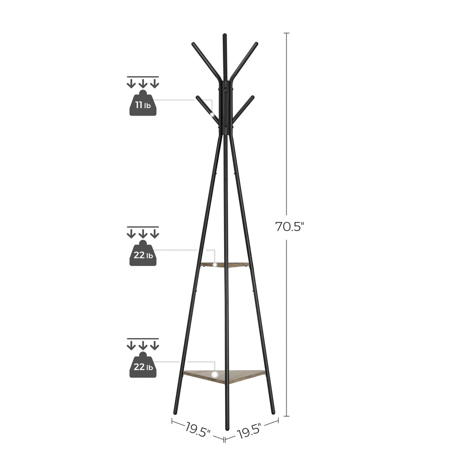 Free-Standing Coat Rack – Metal and Wood – Greige and Black – Industrial Style with 2 Shelves