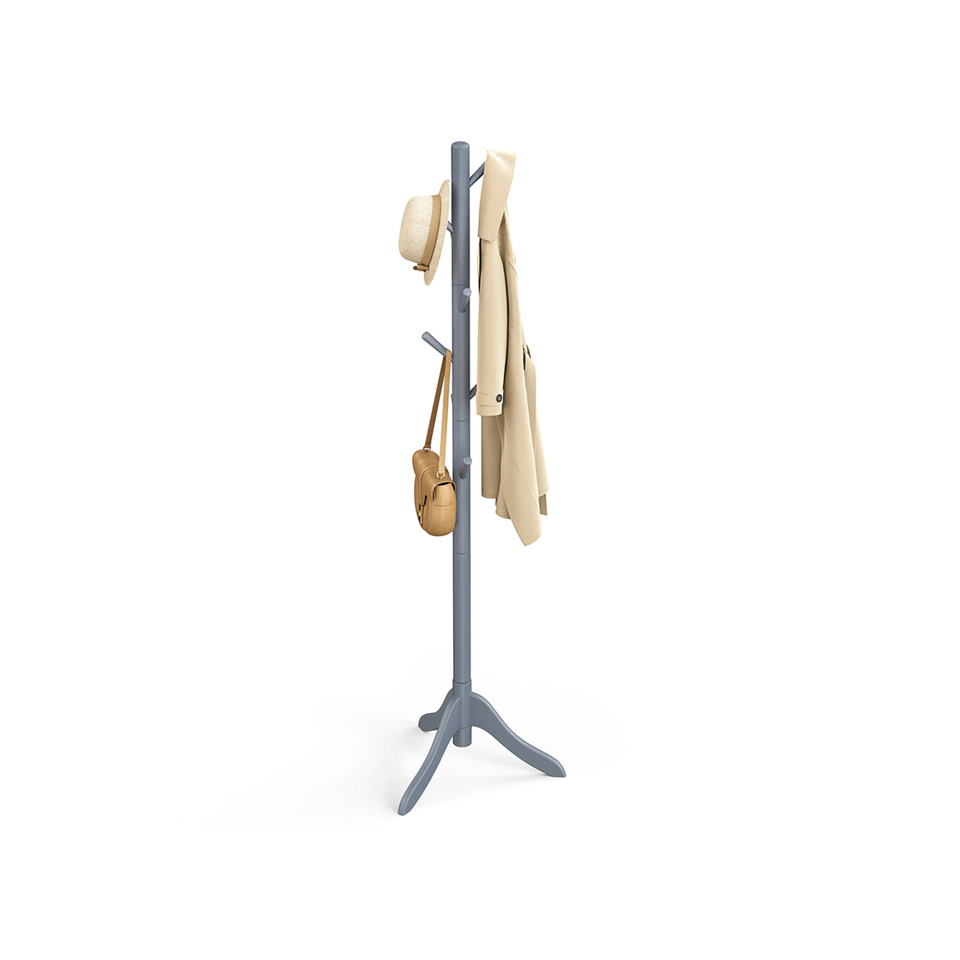 Coat Rack – Solid Wood – Grey – 8 Hooks with 3 Adjustable Heights