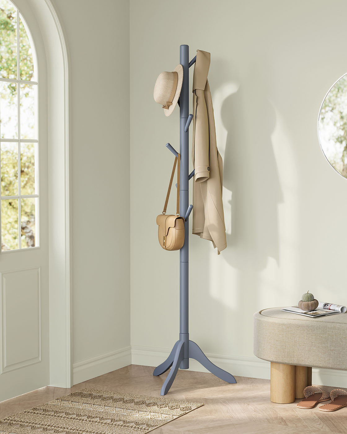 Coat Rack – Solid Wood – Grey – 8 Hooks with 3 Adjustable Heights