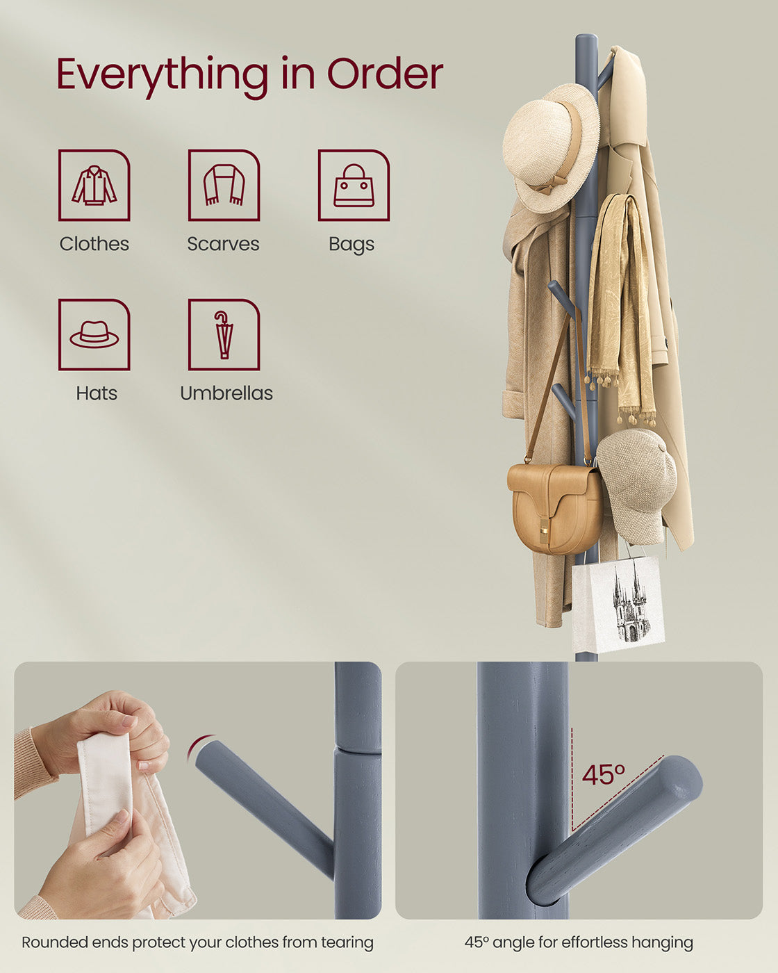 Coat Rack – Solid Wood – Grey – 8 Hooks with 3 Adjustable Heights