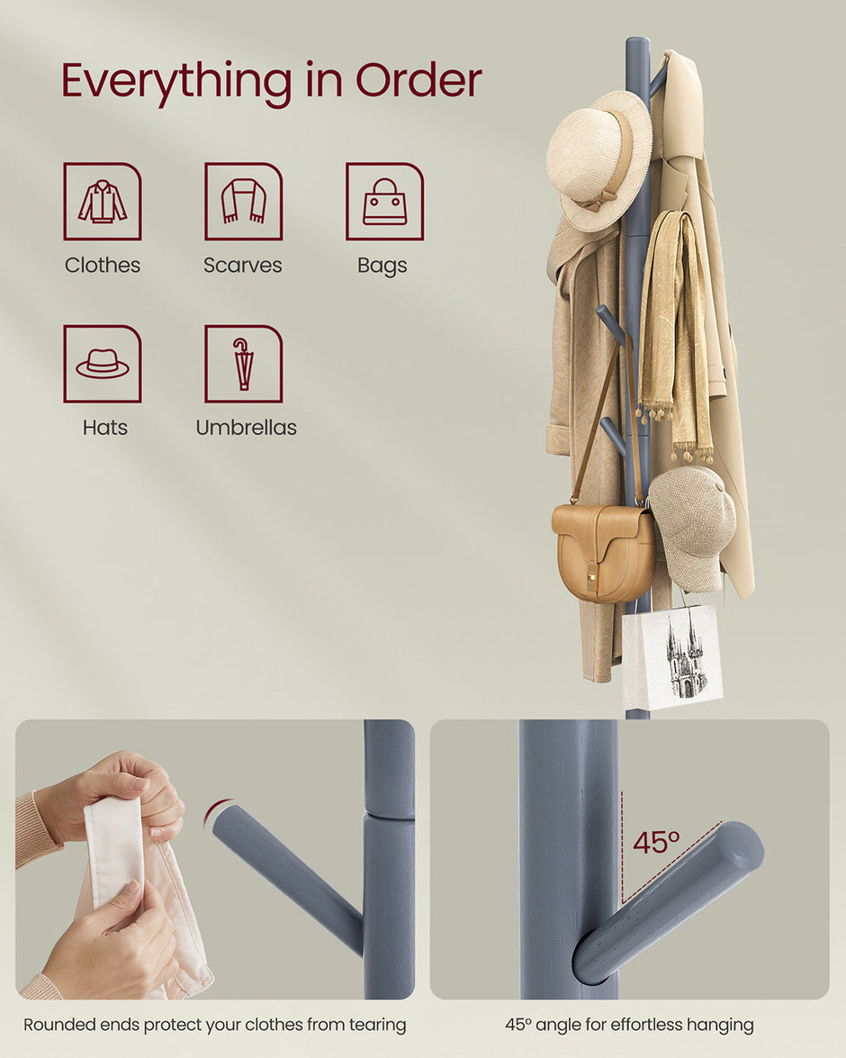 Coat Rack – Solid Wood – Grey – 8 Hooks with 3 Adjustable Heights