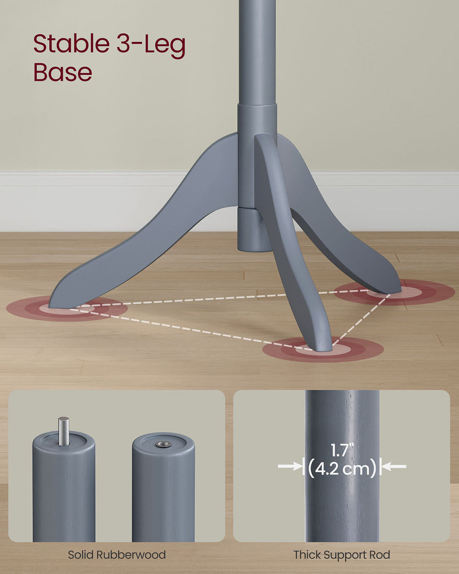 Coat Rack – Solid Wood – Grey – 8 Hooks with 3 Adjustable Heights