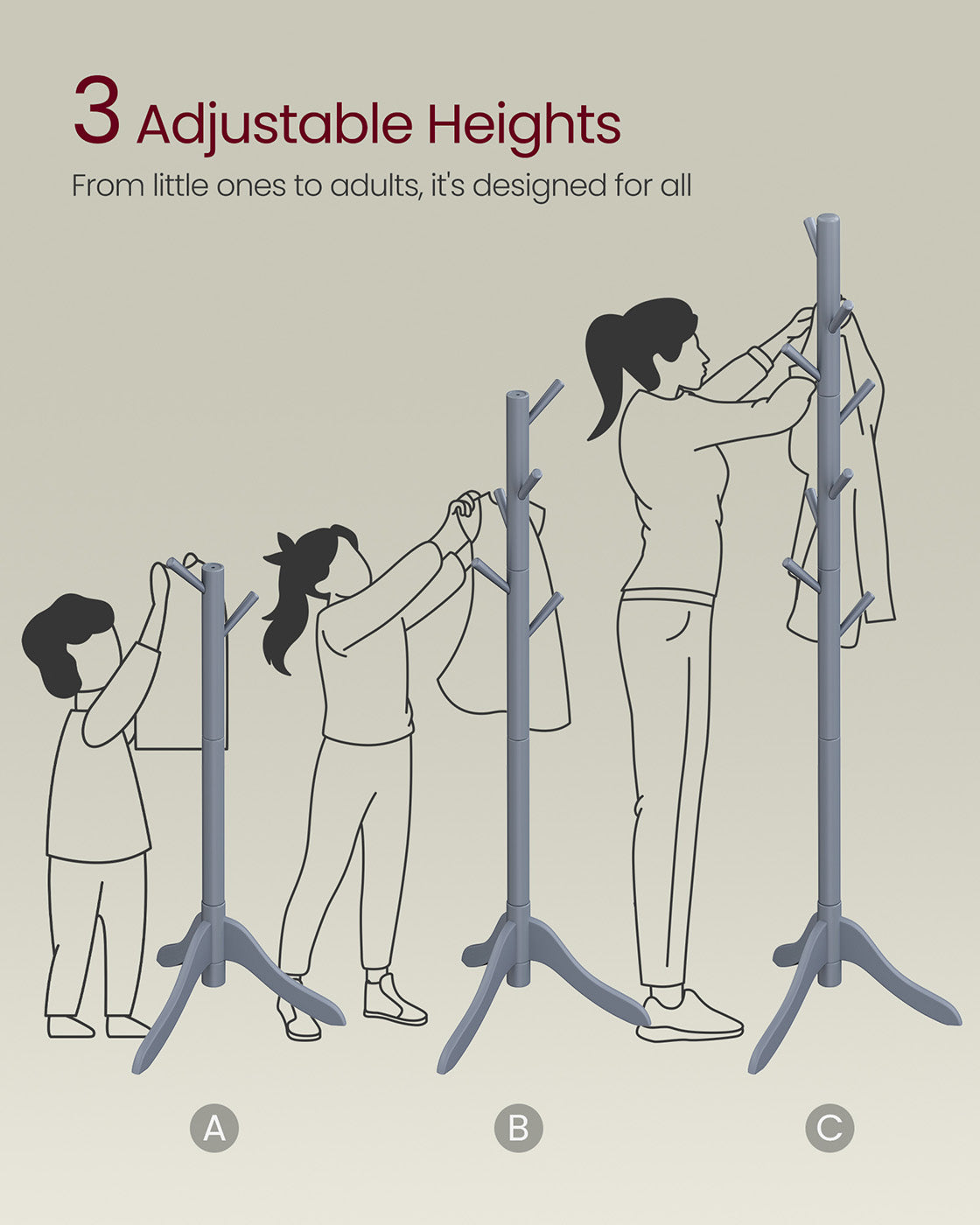 Coat Rack – Solid Wood – Grey – 8 Hooks with 3 Adjustable Heights