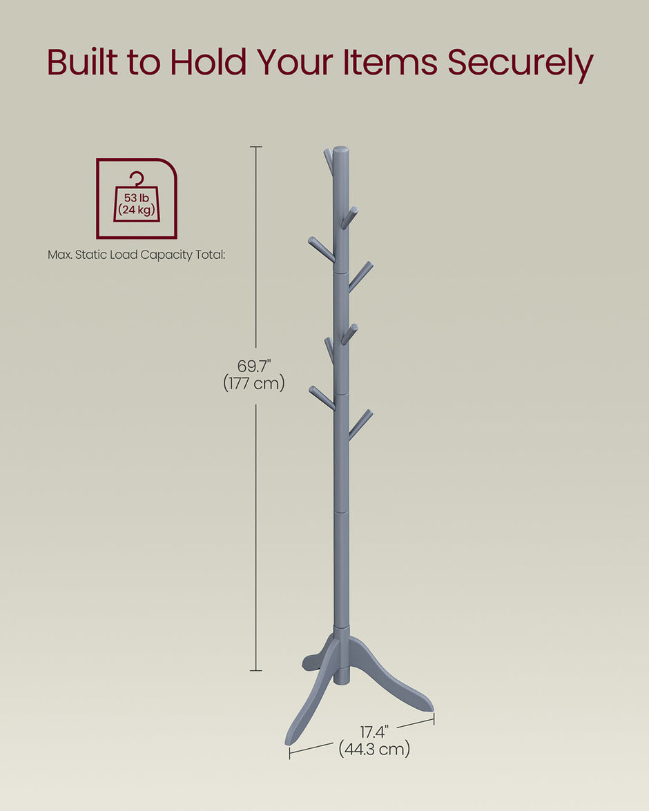Coat Rack – Solid Wood – Grey – 8 Hooks with 3 Adjustable Heights