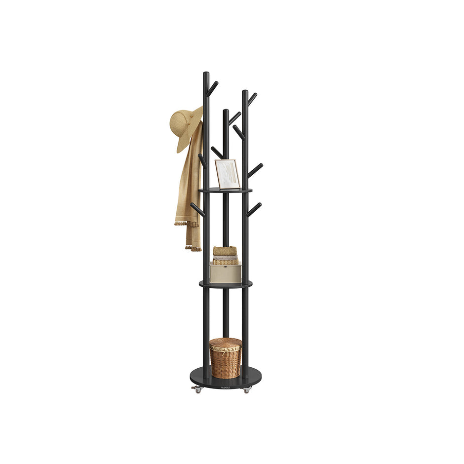 Freestanding Coat Rack Stand – Wood and Metal – Ink Black – 11 Hooks and 3 Shelves with Removable Wheels