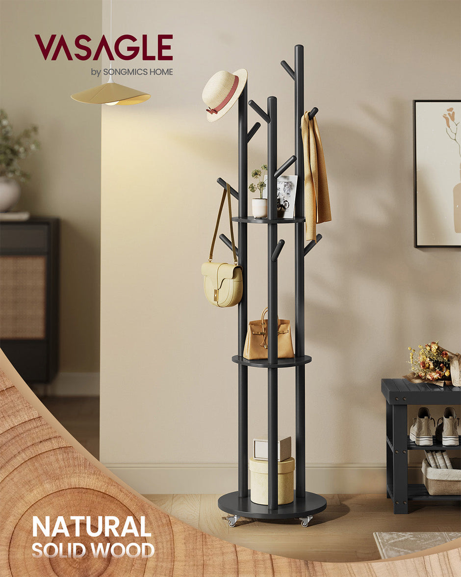 Freestanding Coat Rack Stand – Wood and Metal – Ink Black – 11 Hooks and 3 Shelves with Removable Wheels