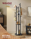 Freestanding Coat Rack Stand – Wood and Metal – Ink Black – 11 Hooks and 3 Shelves with Removable Wheels