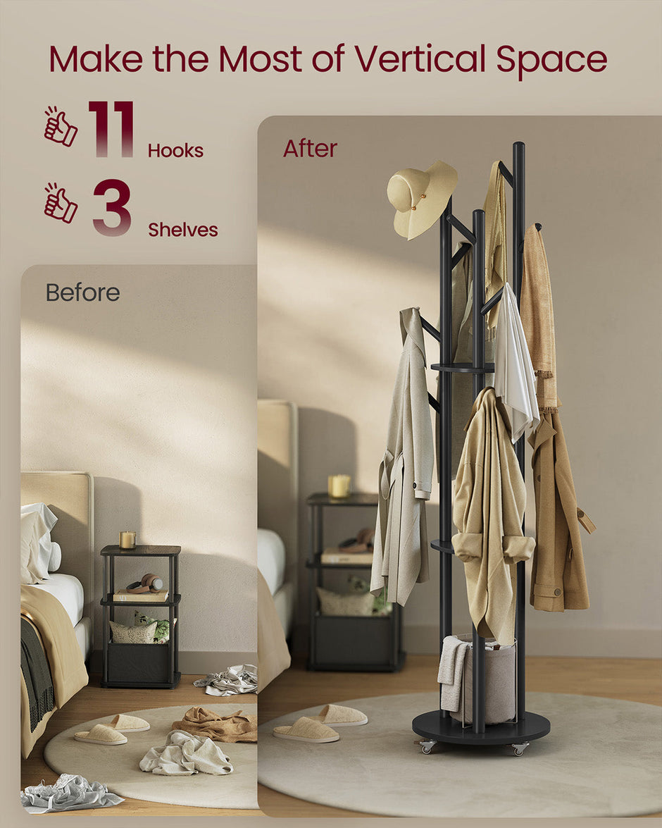 Freestanding Coat Rack Stand – Wood and Metal – Ink Black – 11 Hooks and 3 Shelves with Removable Wheels