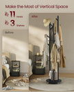 Freestanding Coat Rack Stand – Wood and Metal – Ink Black – 11 Hooks and 3 Shelves with Removable Wheels