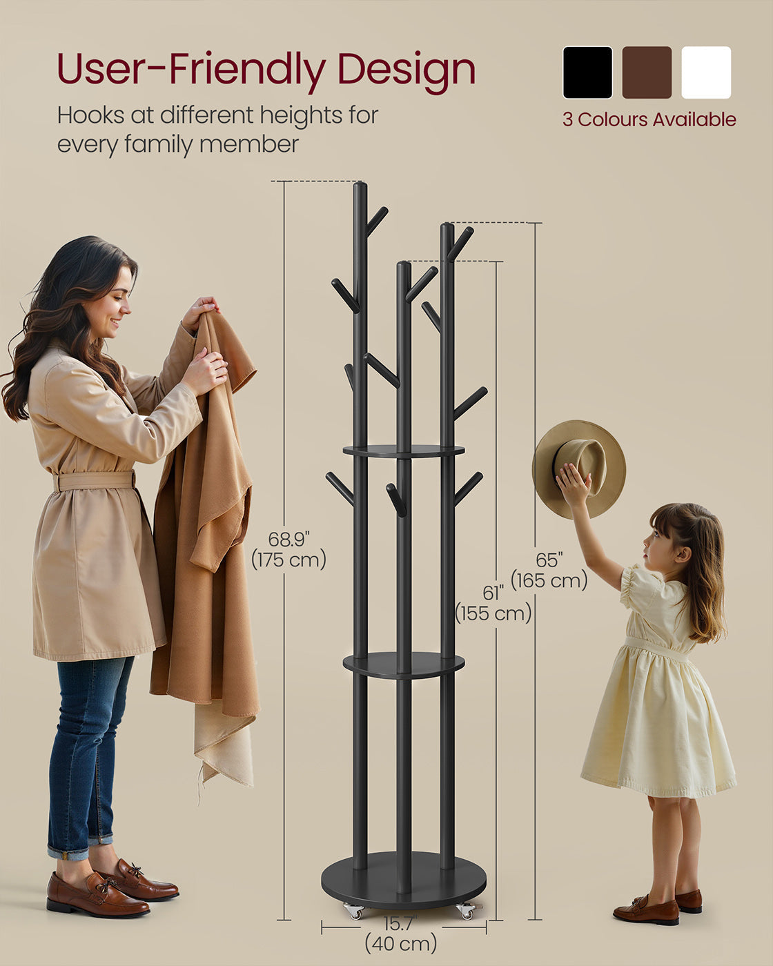 Freestanding Coat Rack Stand – Wood and Metal – Ink Black – 11 Hooks and 3 Shelves with Removable Wheels