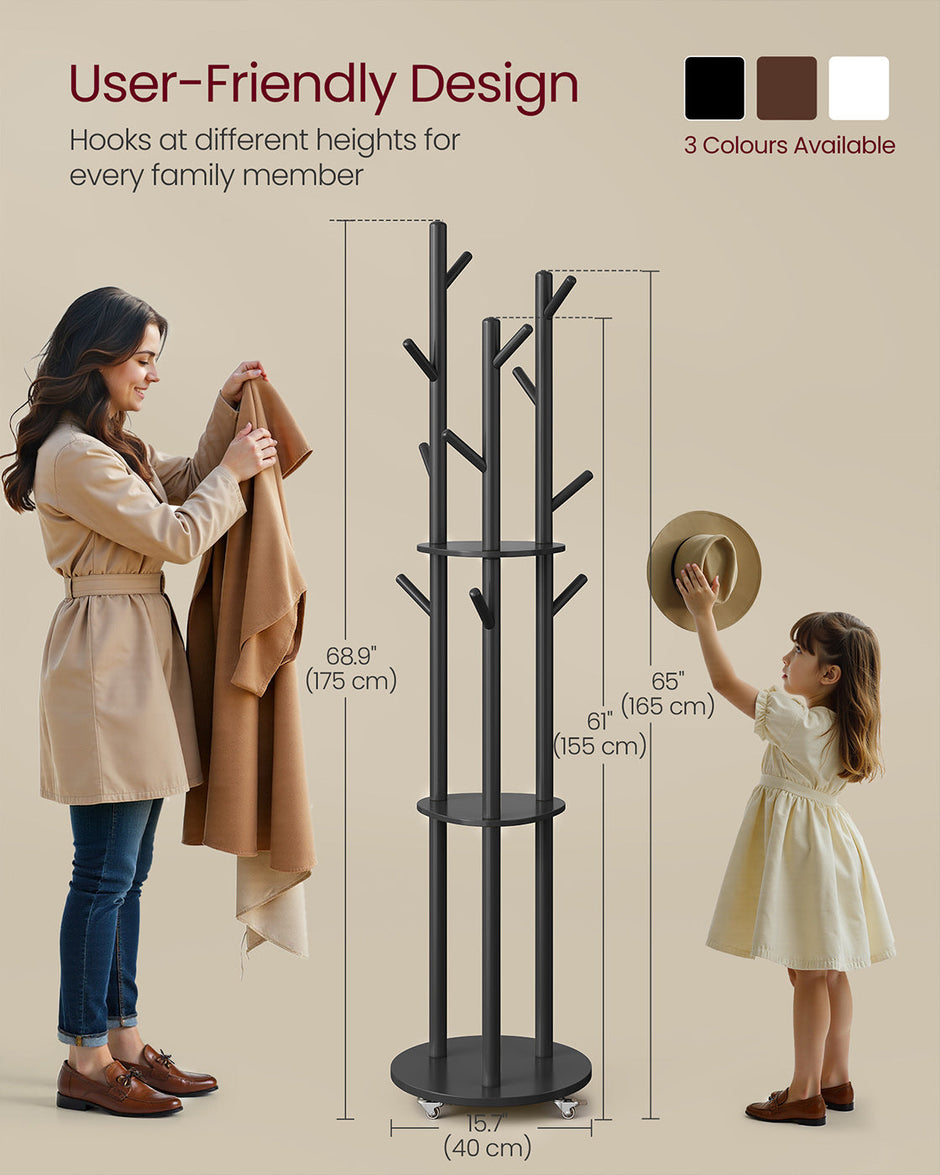 Freestanding Coat Rack Stand – Wood and Metal – Ink Black – 11 Hooks and 3 Shelves with Removable Wheels
