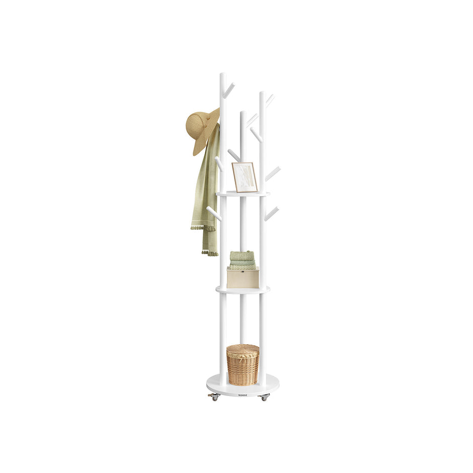 Freestanding Coat Rack Stand – Wood and Metal – Ink Black – 11 Hooks and 3 Shelves with Removable Wheels