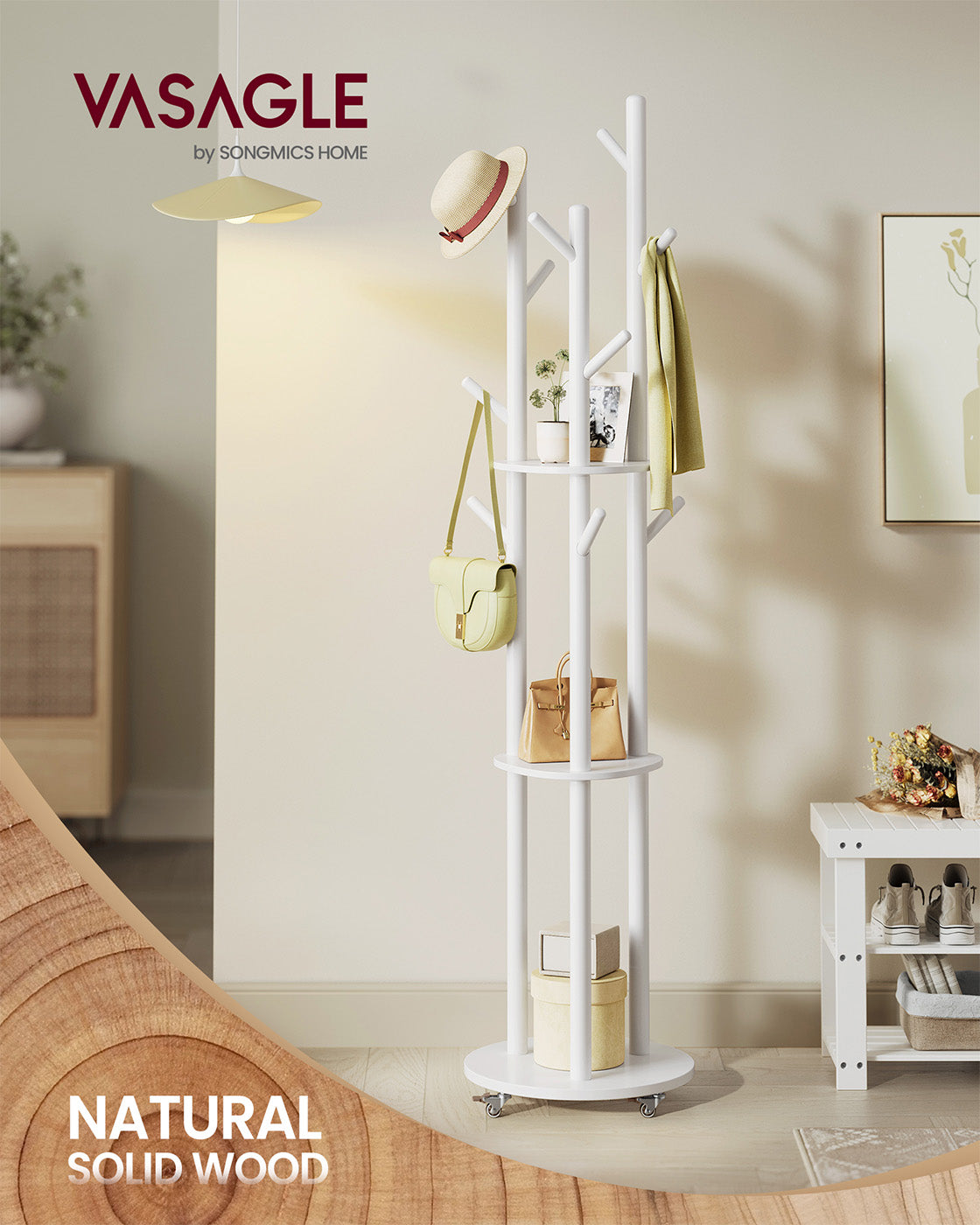 Freestanding Coat Rack Stand – Wood and Metal – Ink Black – 11 Hooks and 3 Shelves with Removable Wheels