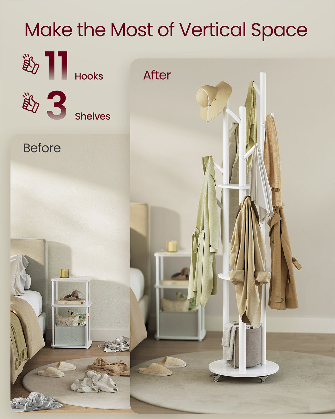 Freestanding Coat Rack Stand – Wood and Metal – Ink Black – 11 Hooks and 3 Shelves with Removable Wheels
