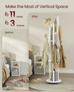 Freestanding Coat Rack Stand – Wood and Metal – Ink Black – 11 Hooks and 3 Shelves with Removable Wheels