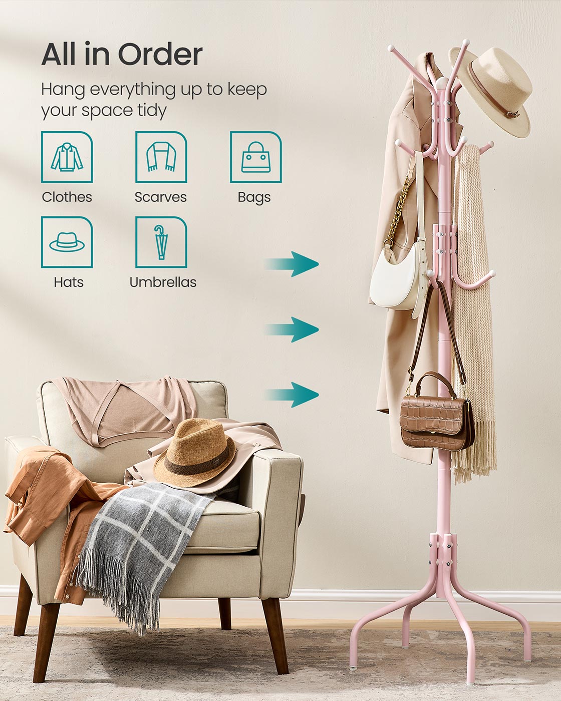 Coat Stand – Metal – Jelly Pink – 12 Hooks, 4 Legs