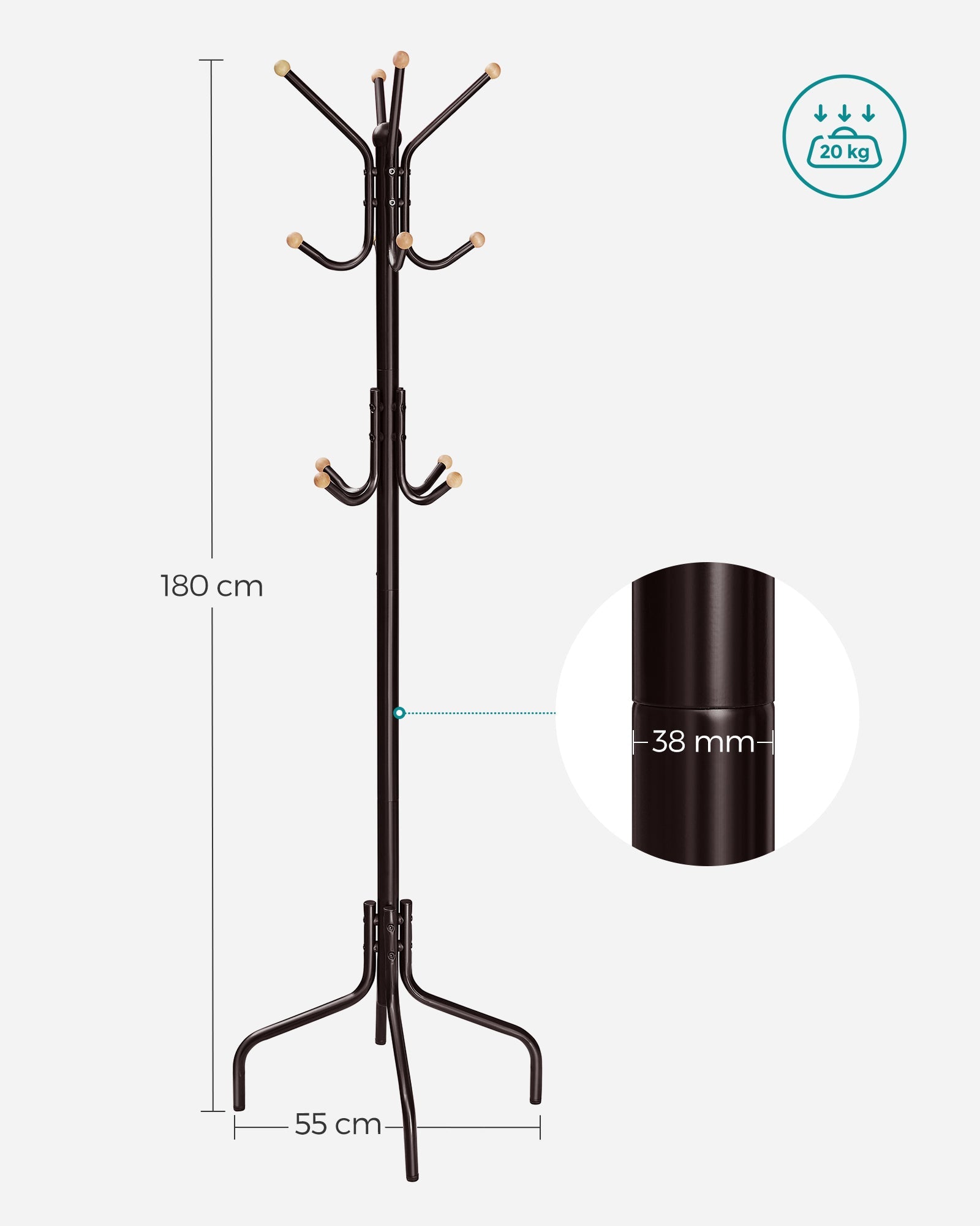 Coat Stand – Metal – Black – 12 Hooks, 4 Legs