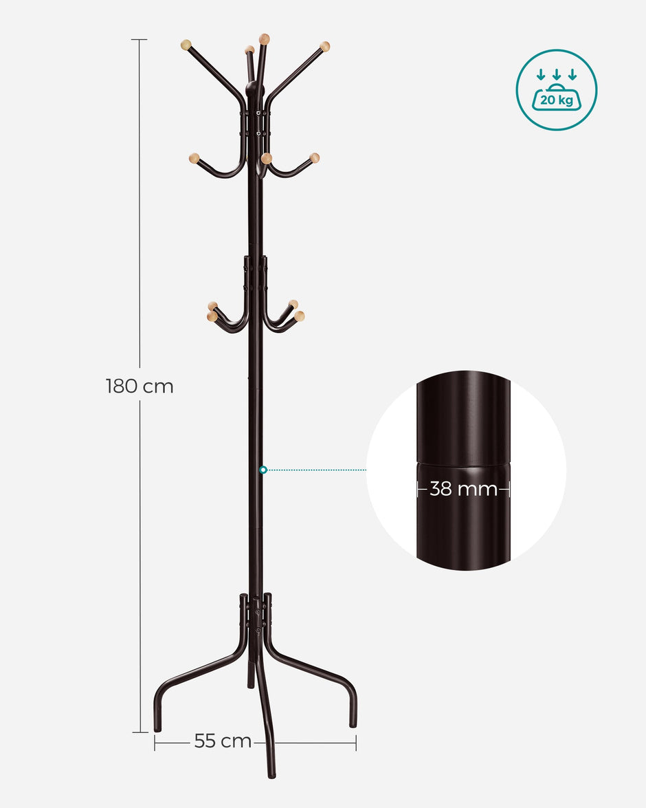 Coat Stand – Metal – Black – 12 Hooks, 4 Legs