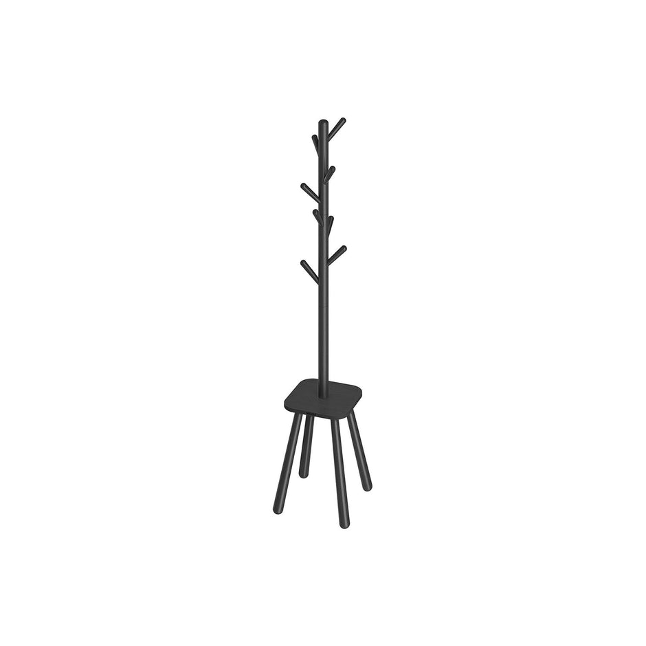 Coat Rack Stand – Wood – Ink Black – Free Standing Hall Tree with 8 Hooks and Storage Shelf