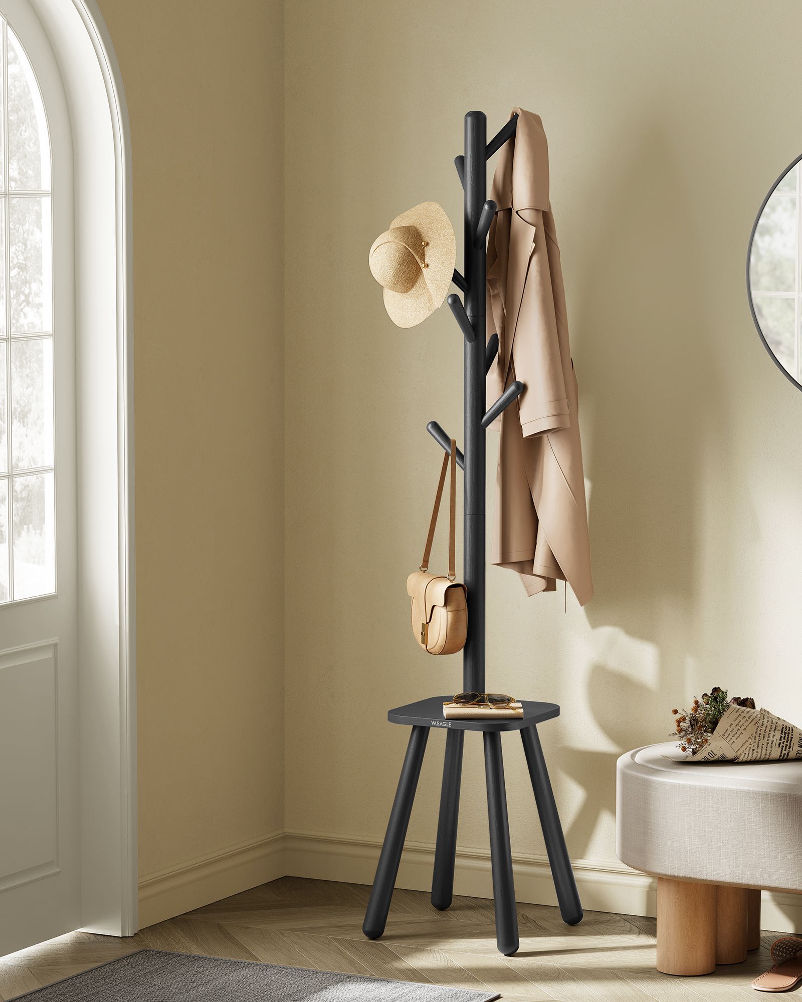 Coat Rack Stand – Wood – Ink Black – Free Standing Hall Tree with 8 Hooks and Storage Shelf