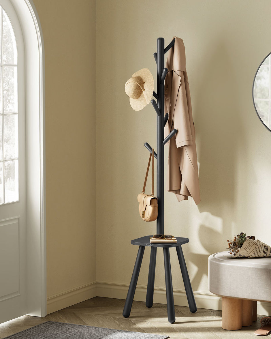 Coat Rack Stand – Wood – Ink Black – Free Standing Hall Tree with 8 Hooks and Storage Shelf