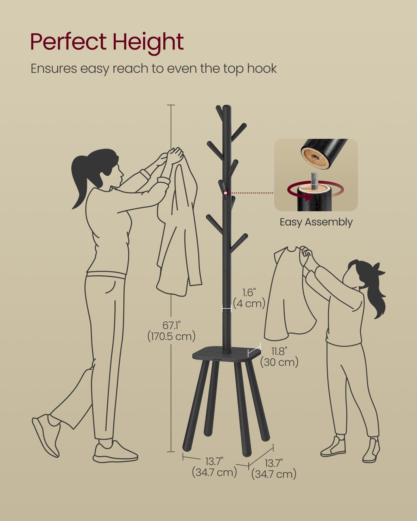 Coat Rack Stand – Wood – Ink Black – Free Standing Hall Tree with 8 Hooks and Storage Shelf