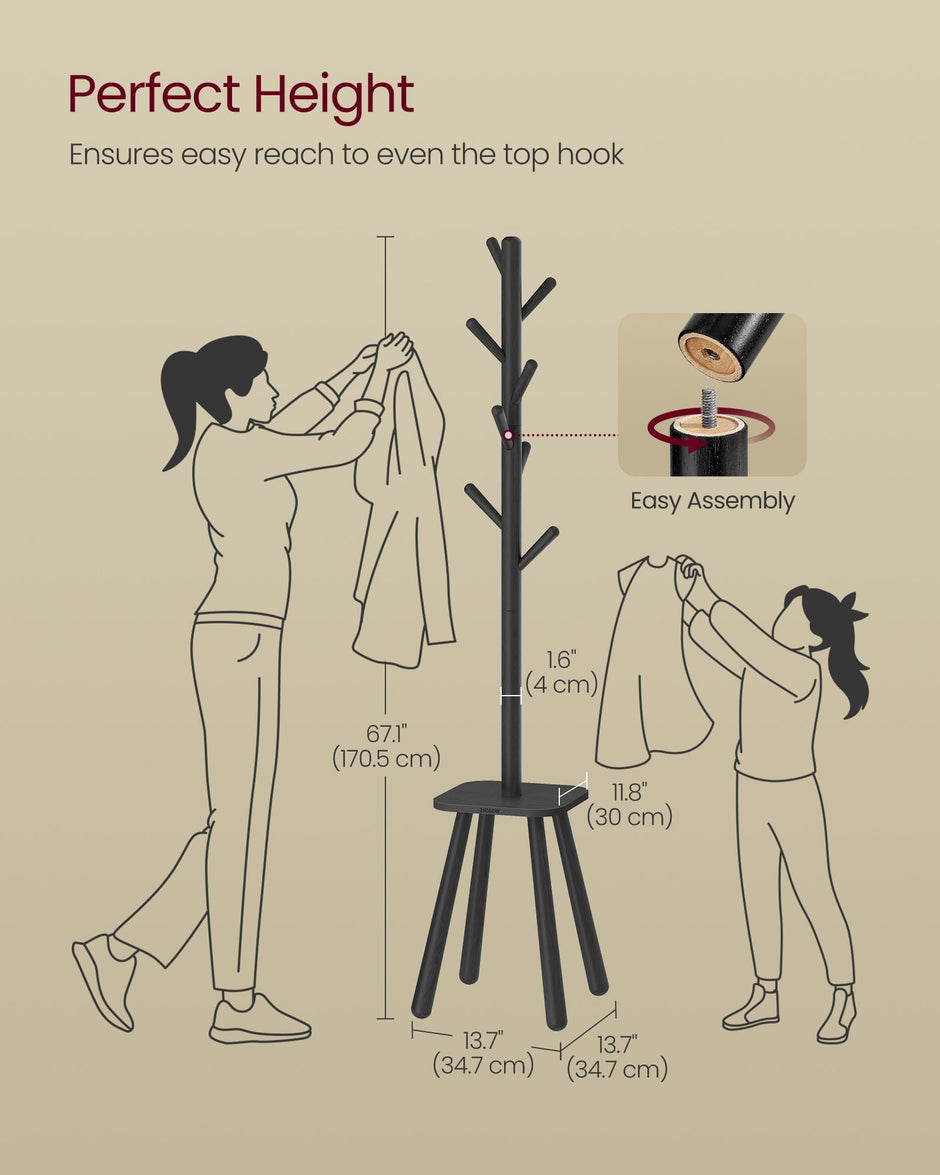Coat Rack Stand – Wood – Ink Black – Free Standing Hall Tree with 8 Hooks and Storage Shelf