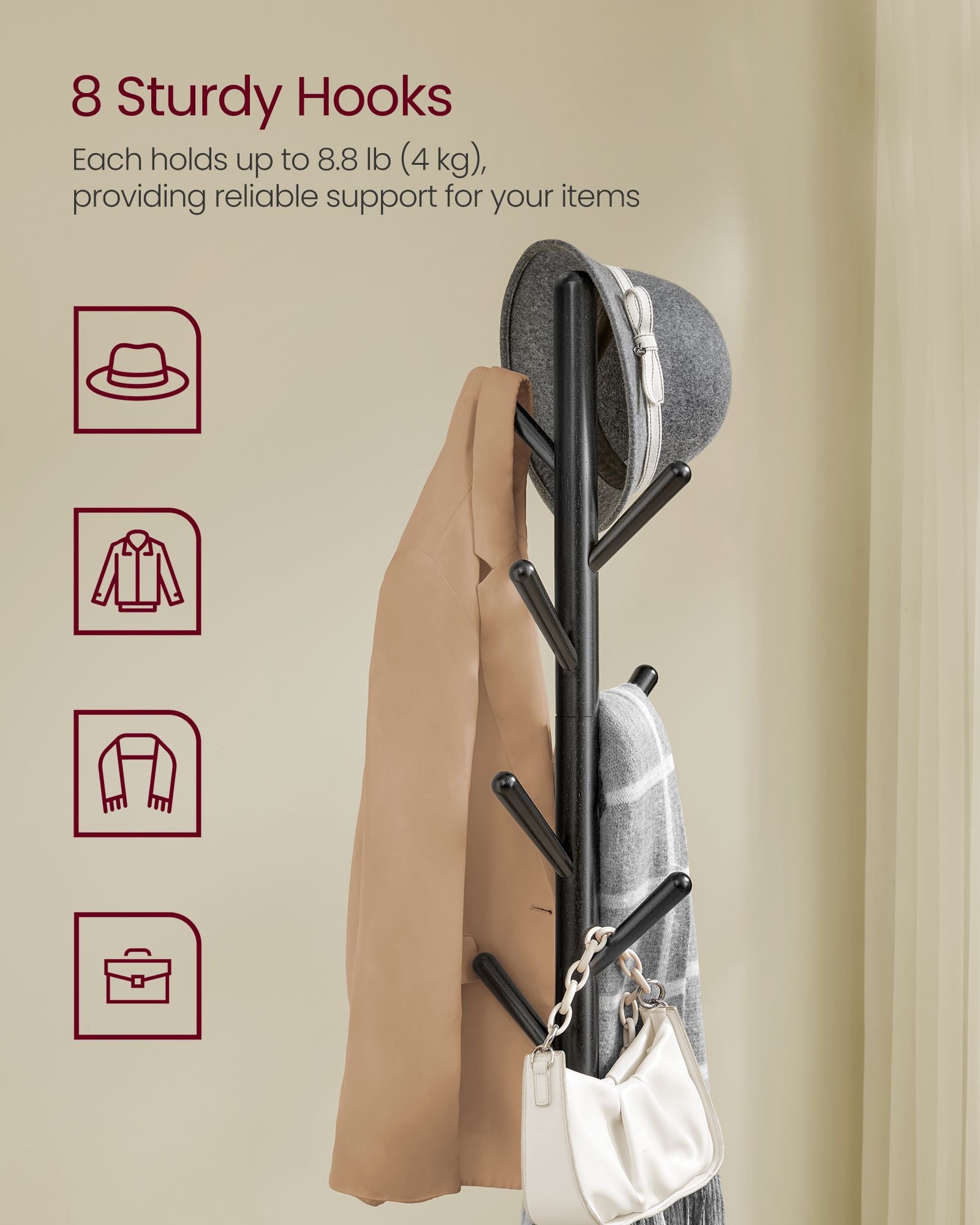 Coat Rack Stand – Wood – Ink Black – Free Standing Hall Tree with 8 Hooks and Storage Shelf