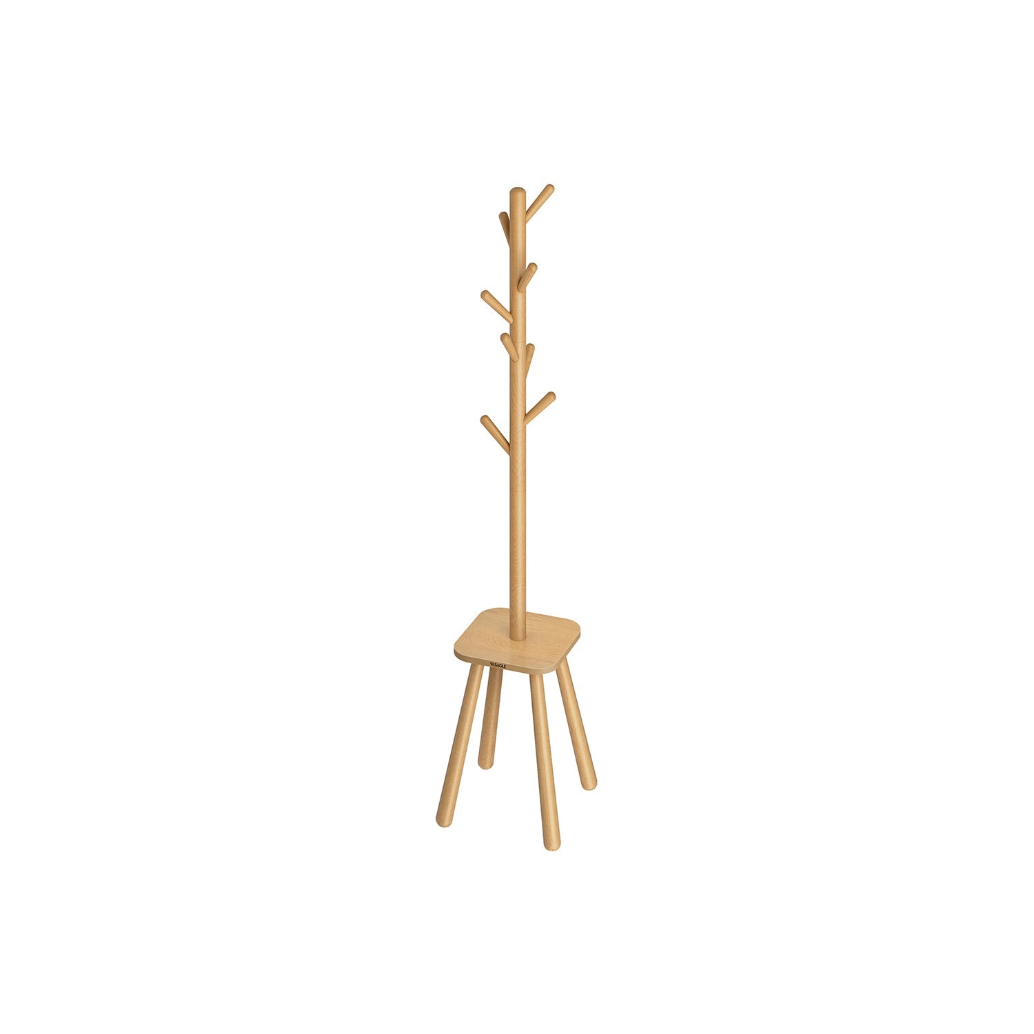 Coat Rack Stand – Wood – Natural Beige – Free Standing with 8 Hooks and Storage Shelf