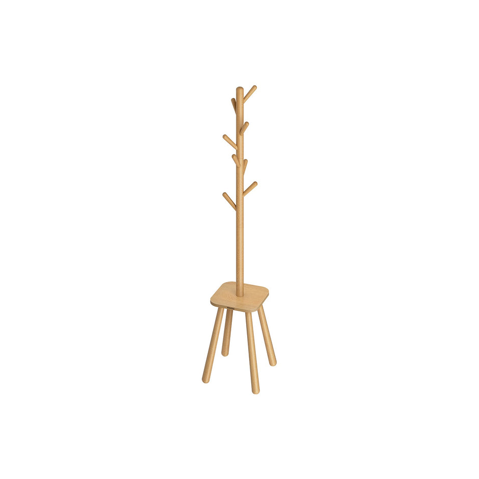 Coat Rack Stand – Wood – Natural Beige – Free Standing with 8 Hooks and Storage Shelf
