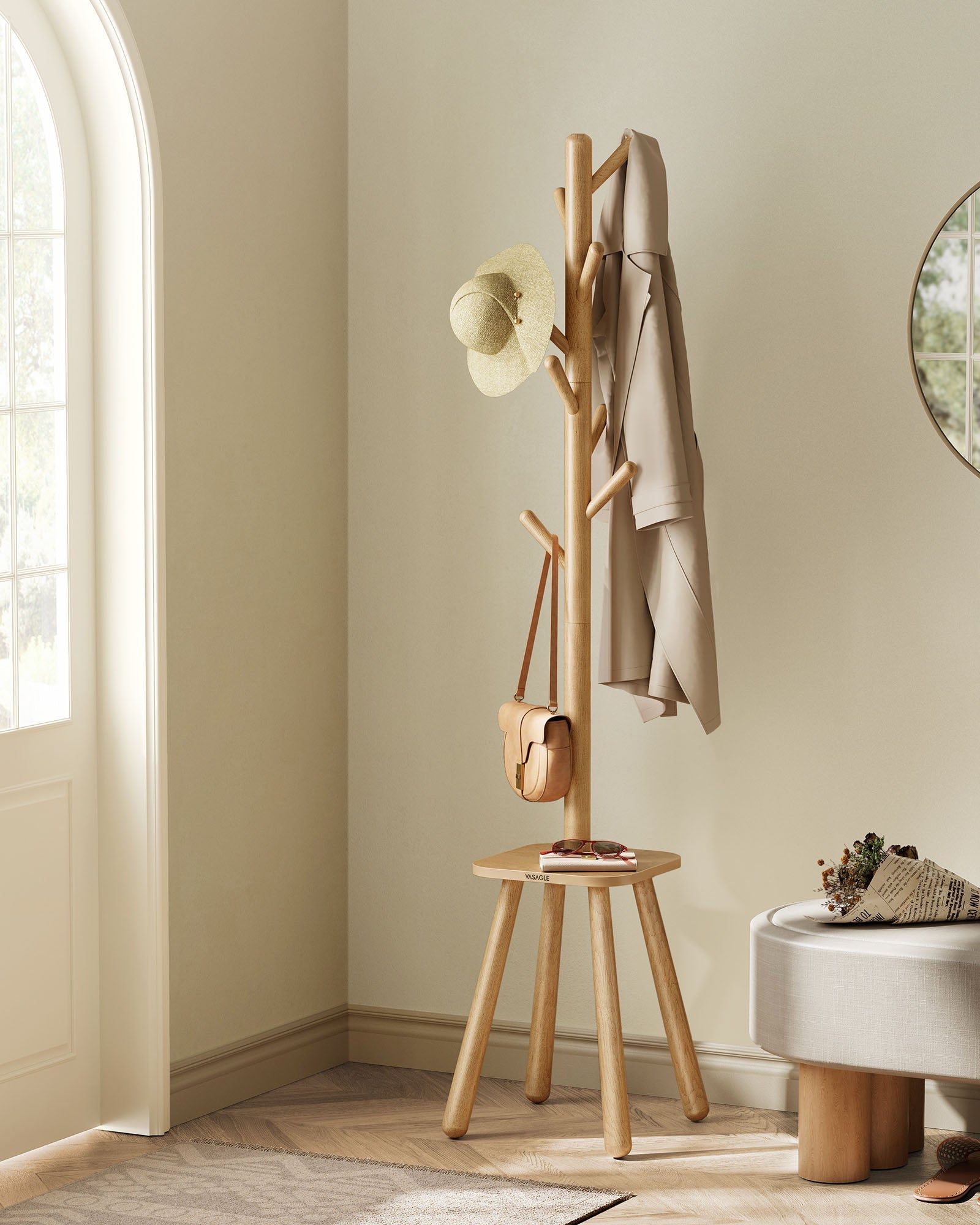 Coat Rack Stand – Wood – Natural Beige – Free Standing with 8 Hooks and Storage Shelf