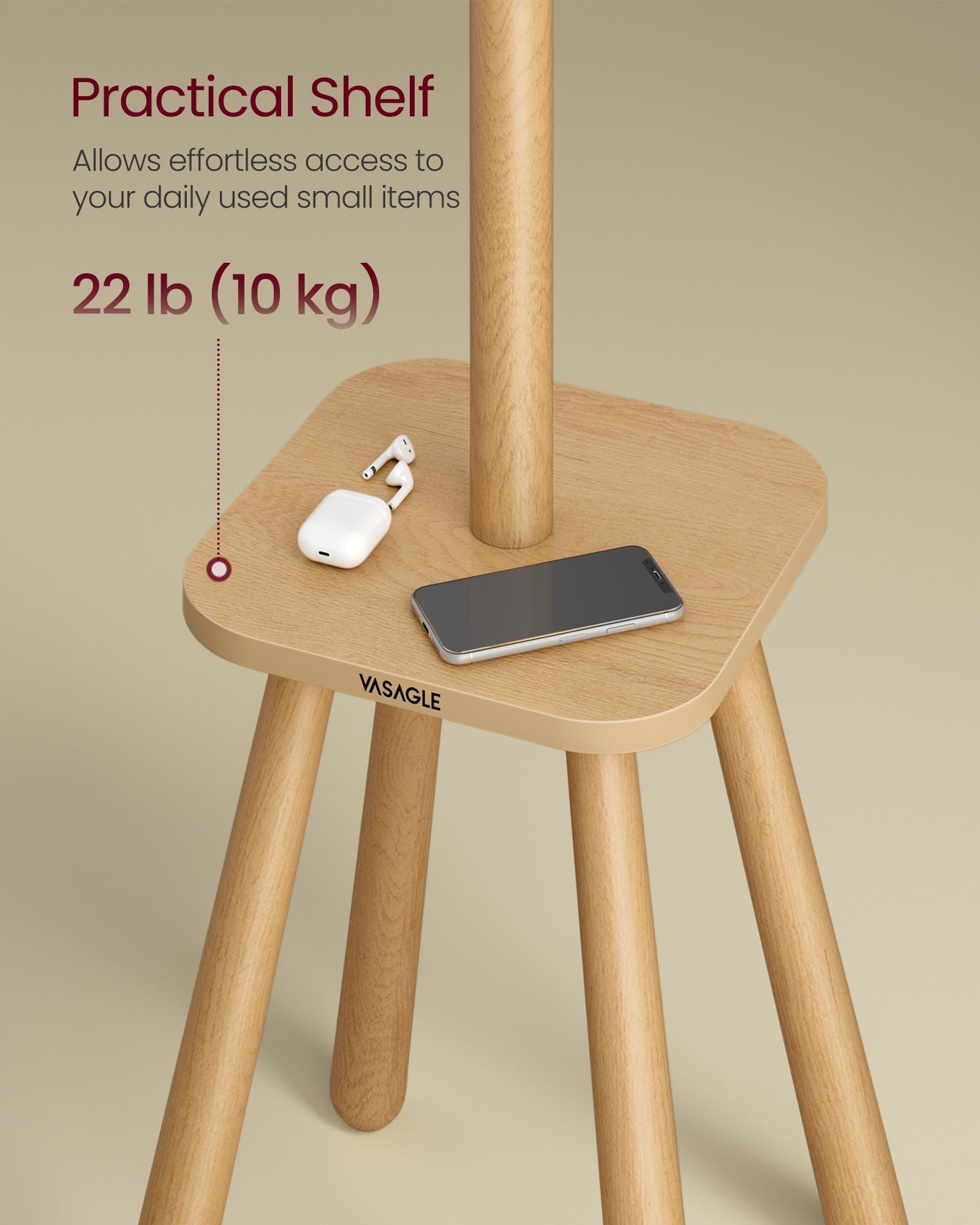 Coat Rack Stand – Wood – Natural Beige – Free Standing with 8 Hooks and Storage Shelf