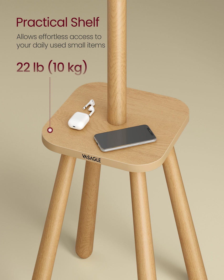 Coat Rack Stand – Wood – Natural Beige – Free Standing with 8 Hooks and Storage Shelf