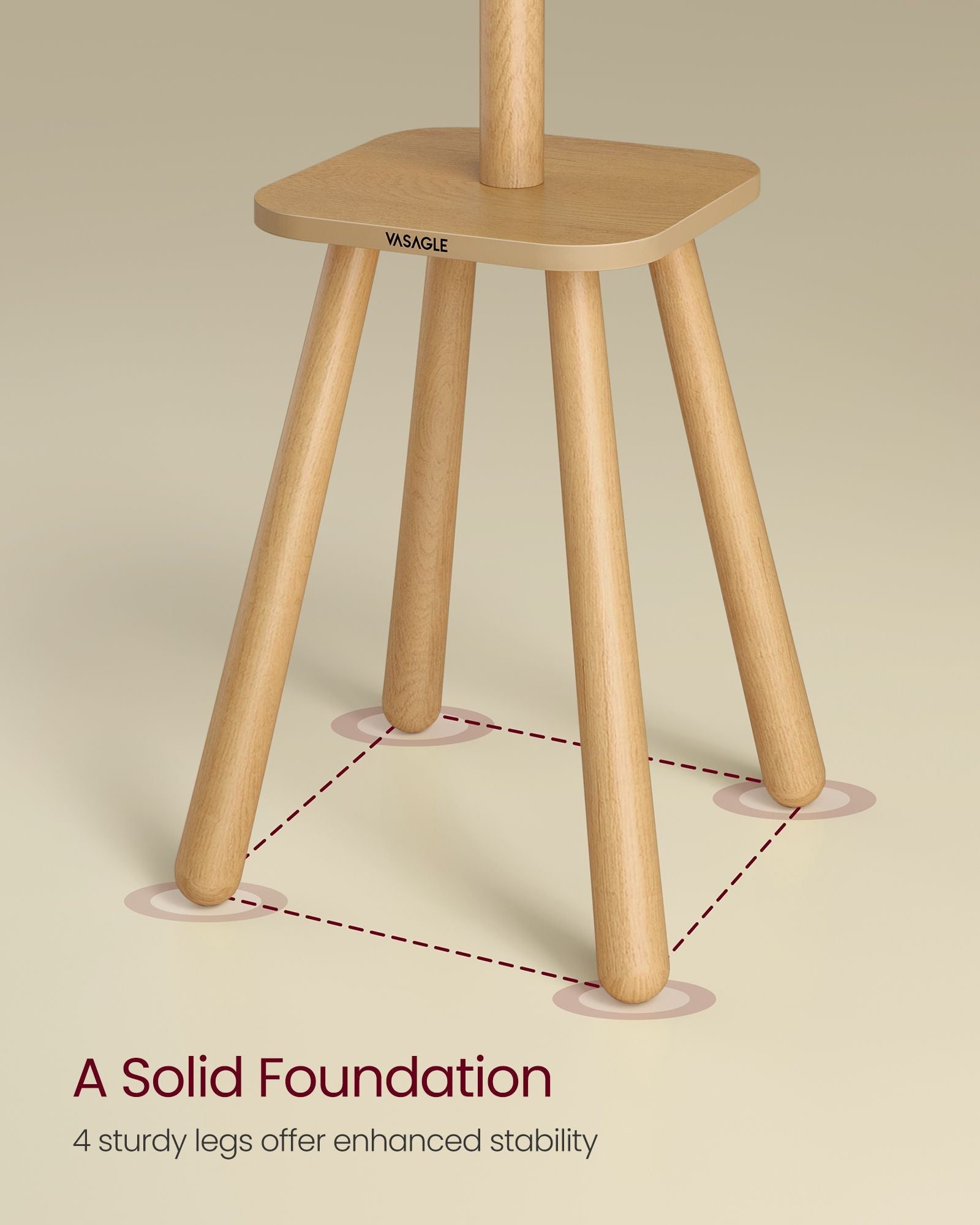 Coat Rack Stand – Wood – Natural Beige – Free Standing with 8 Hooks and Storage Shelf