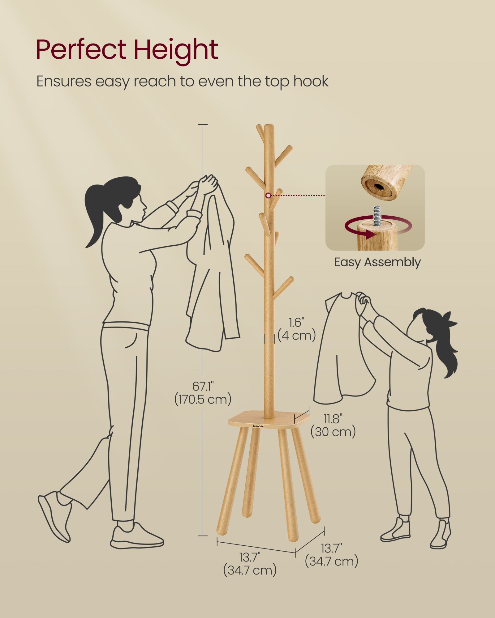 Coat Rack Stand – Wood – Natural Beige – Free Standing with 8 Hooks and Storage Shelf