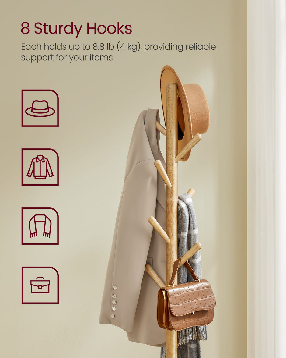 Coat Rack Stand – Wood – Natural Beige – Free Standing with 8 Hooks and Storage Shelf