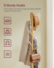 Coat Rack Stand – Wood – Natural Beige – Free Standing with 8 Hooks and Storage Shelf