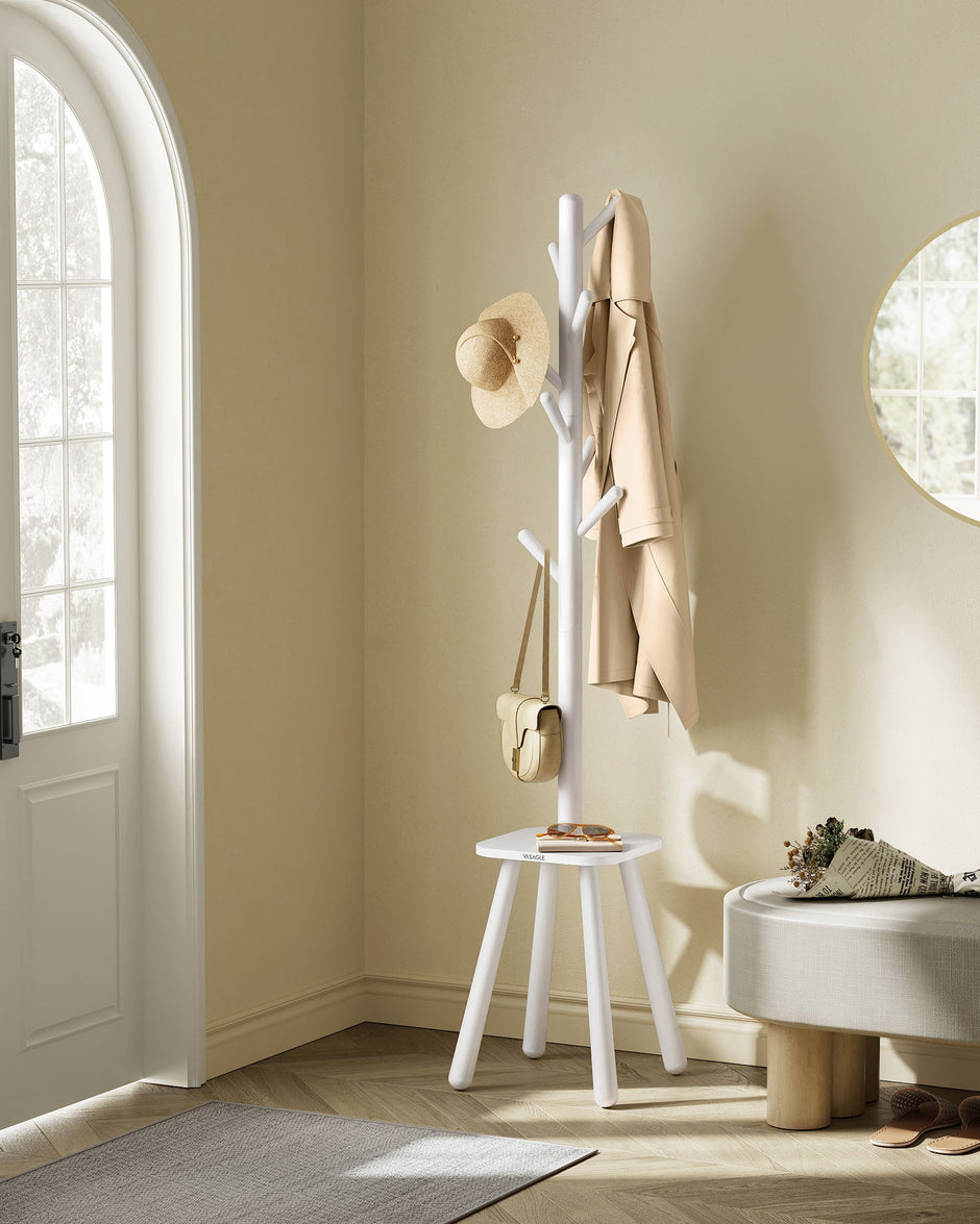 Coat Rack Stand – Wood – Cloud White – Free Standing with 8 Hooks and Storage Shelf, 170.5 cm Tall