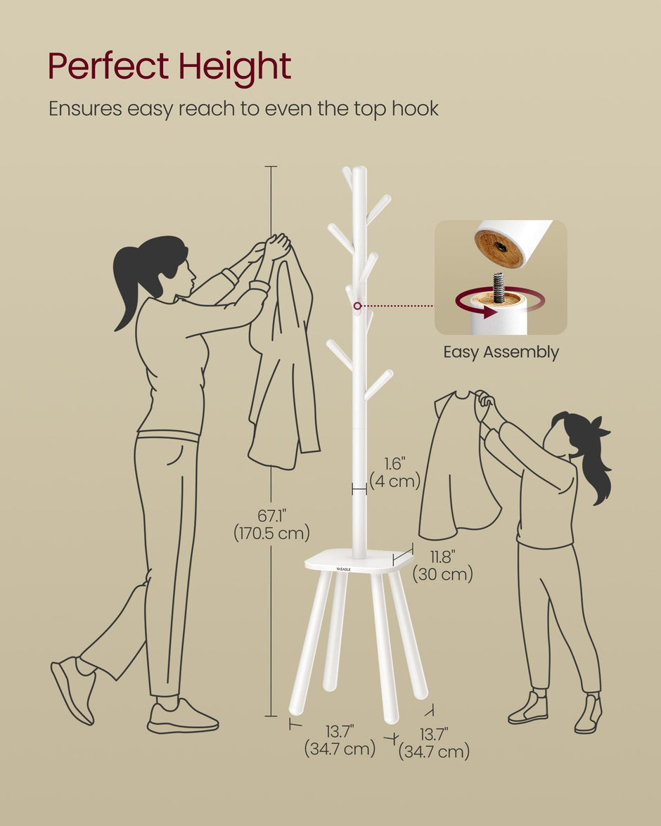 Coat Rack Stand – Wood – Cloud White – Free Standing with 8 Hooks and Storage Shelf, 170.5 cm Tall