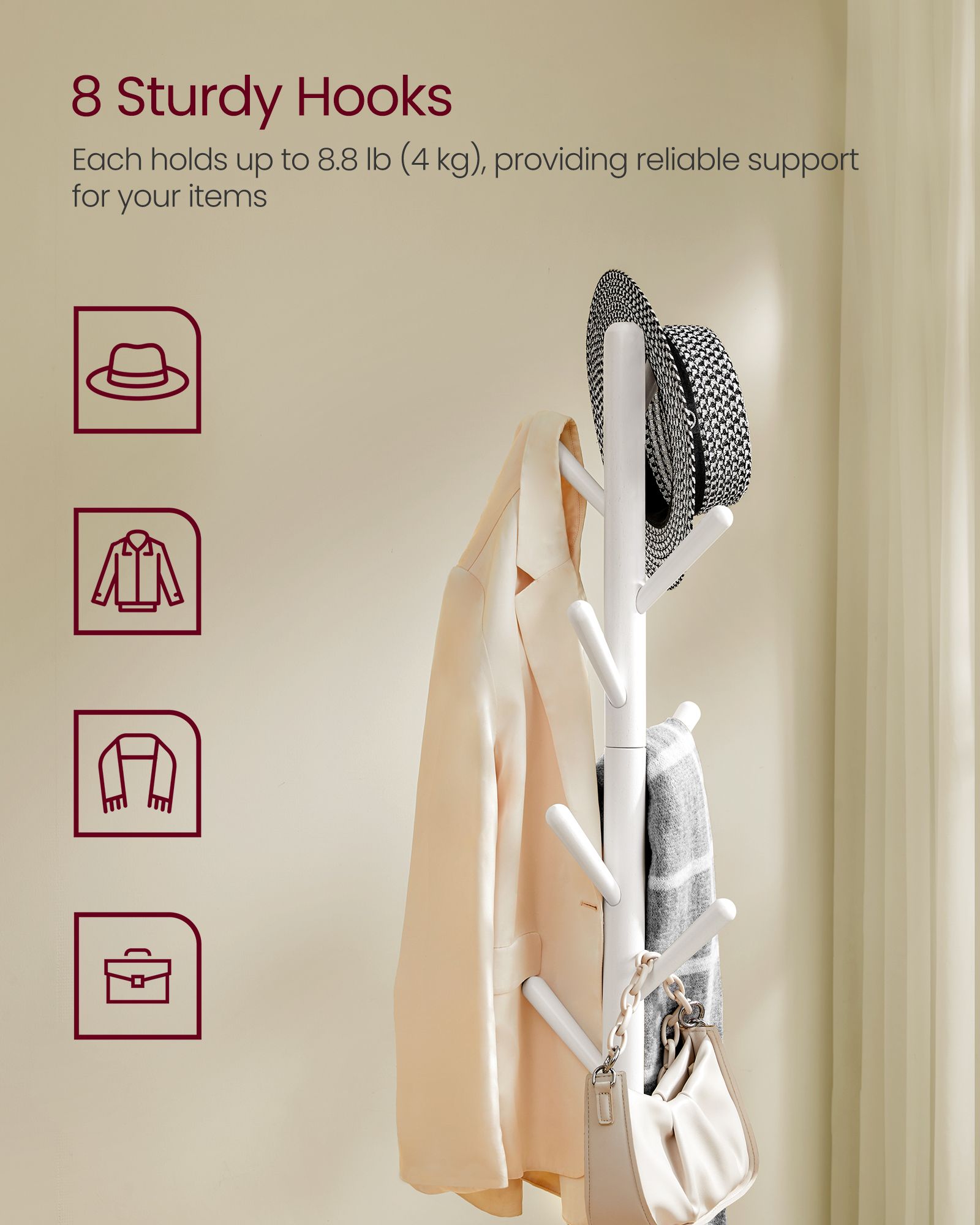 Coat Rack Stand – Wood – Cloud White – Free Standing with 8 Hooks and Storage Shelf, 170.5 cm Tall