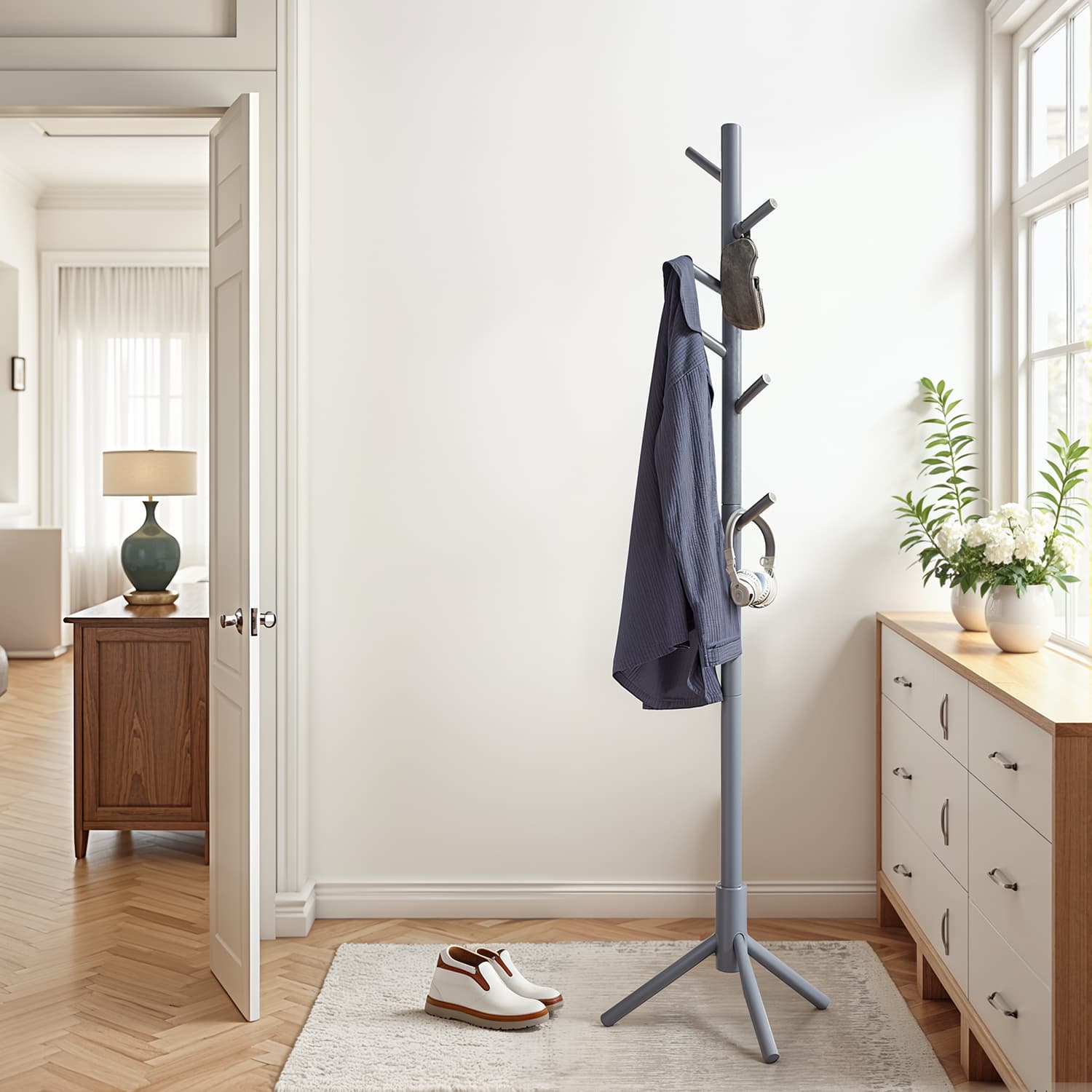 Solid Wood Coat Rack – Solid Wood – White – Tree-Shaped Design with 8 Hooks and 3 Height Options